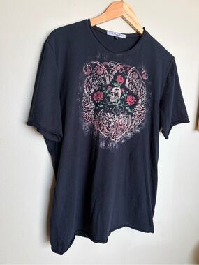 Krush Men’s Faded Black Vintage Style Cotton Graphic Skull Rose T-Shirt Size L